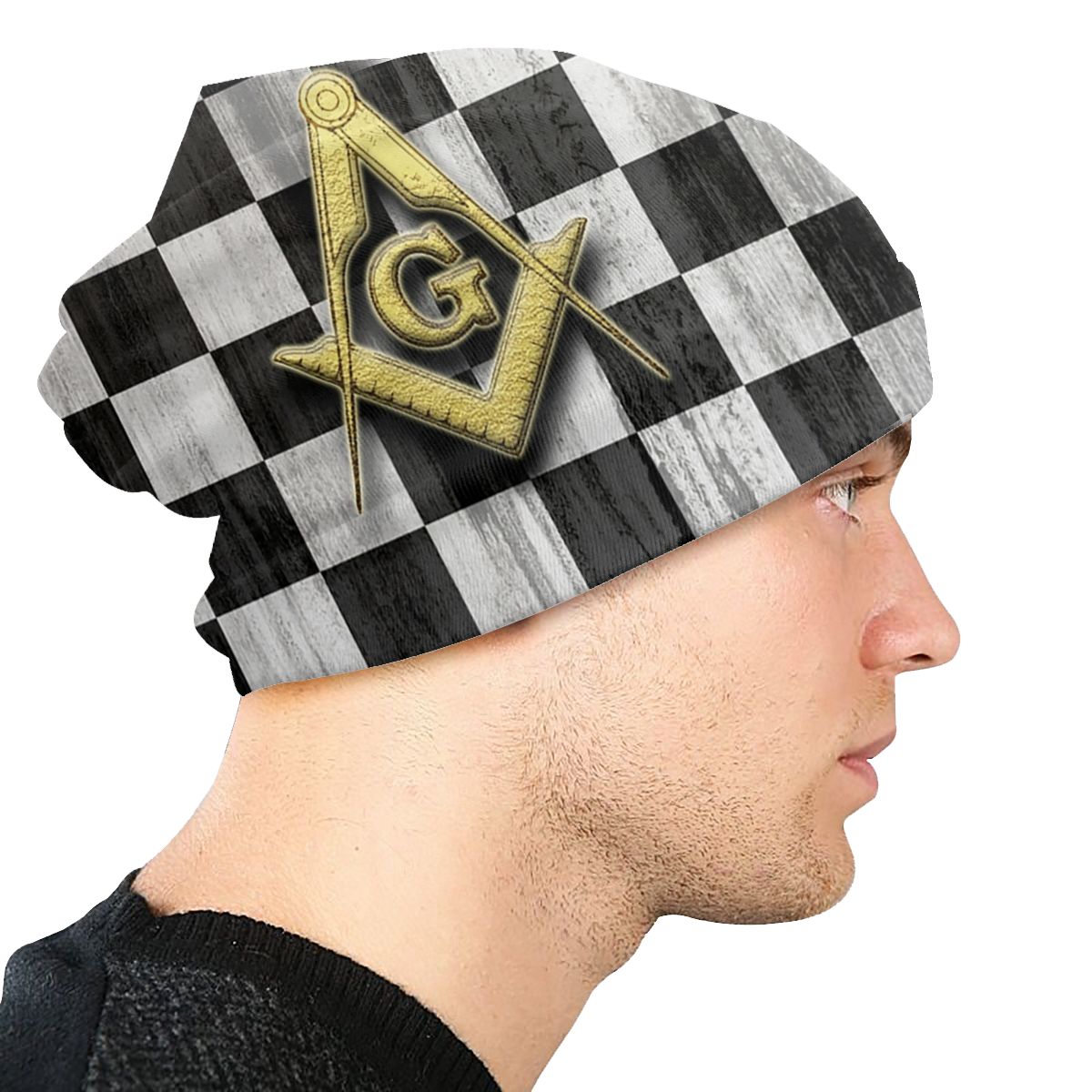 Master Mason Blue Lodge Beanie - Checkers Slouchy Hat - Bricks Masons