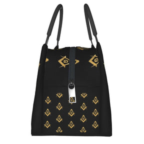 Master Mason Blue Lodge Lunch Bag - Golden Black Square and Compass G Thermal Insulated - Bricks Masons