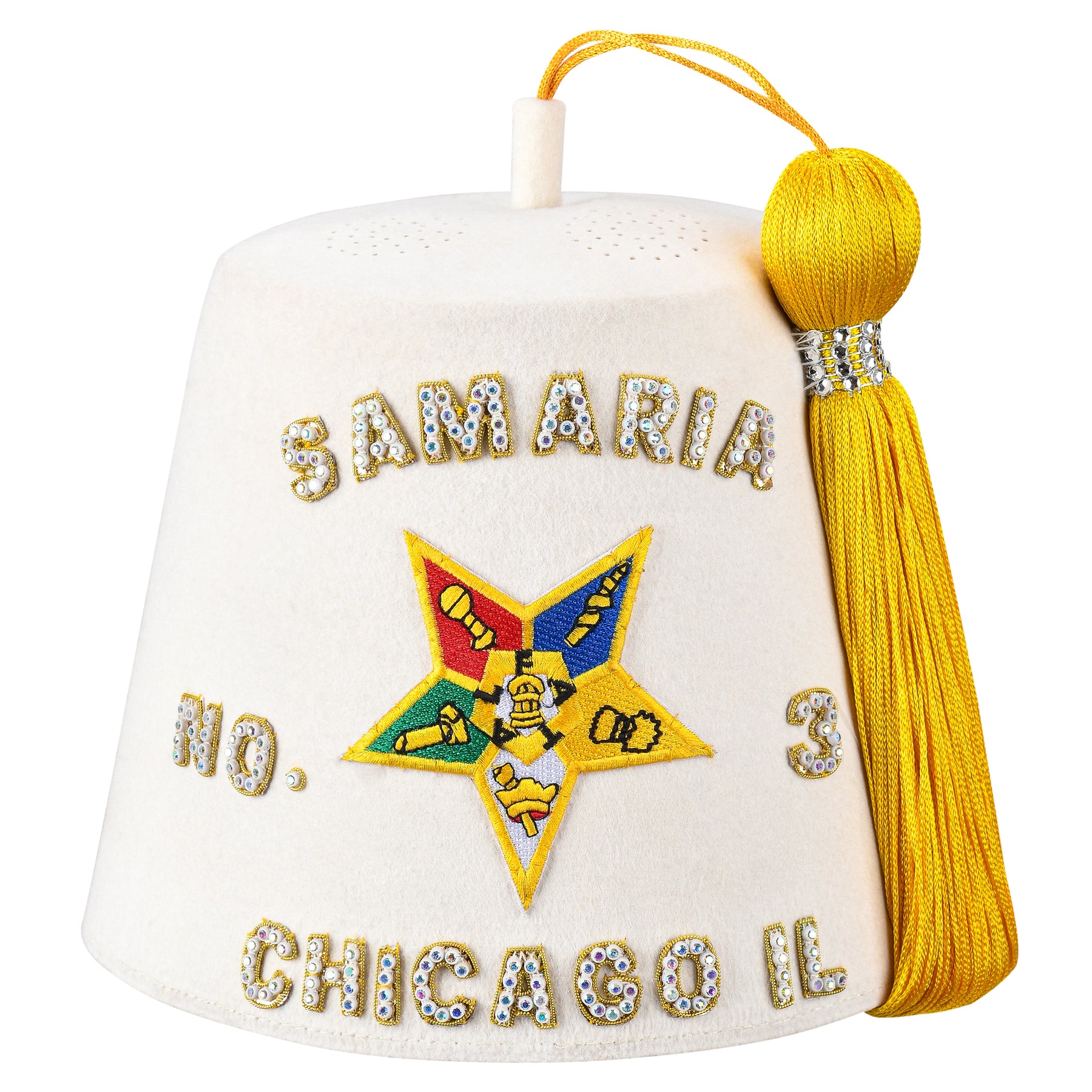 OES Fez Hat - White (Rhinestones with row options) - Bricks Masons