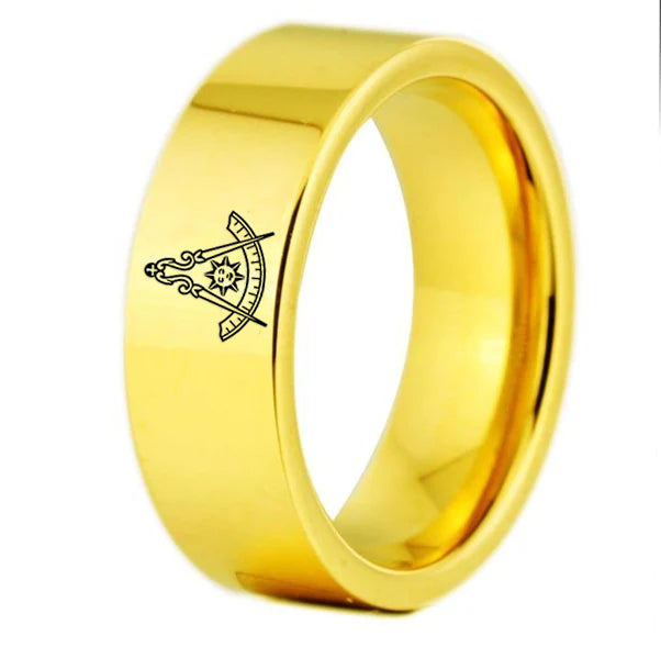 Past Master Blue Lodge California Regulation Ring - Gold Color Pipe Cut Tungsten - Bricks Masons