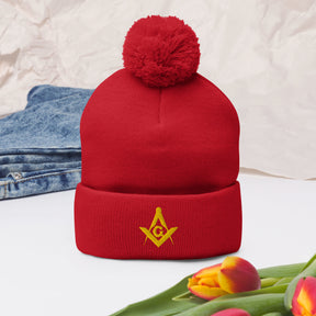 Master Mason Blue Lodge Beanie - Pom Pom in Red for Christmas - Bricks Masons