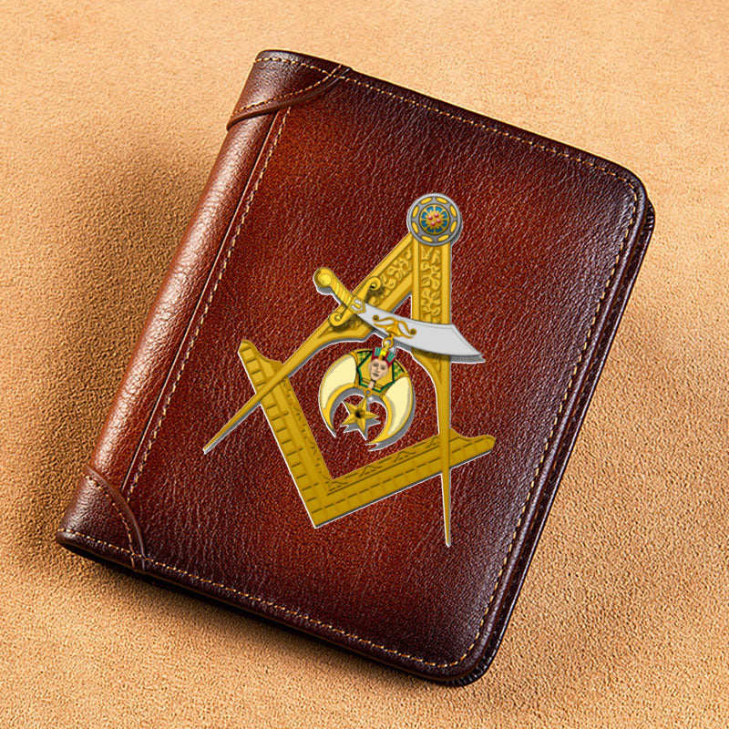 Shriners Wallet - GENUINE LEATHER Square and Compass & Credit Card Holder Brown - Bricks Masons