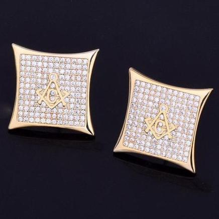 Iced Square Masonic Stud Earrings Gold or Silver - Bricks Masons