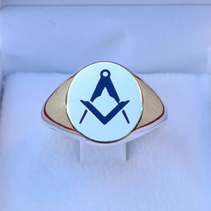 Master Mason Blue Lodge Ring - 925K Sterling Silver Square and Compass - Bricks Masons